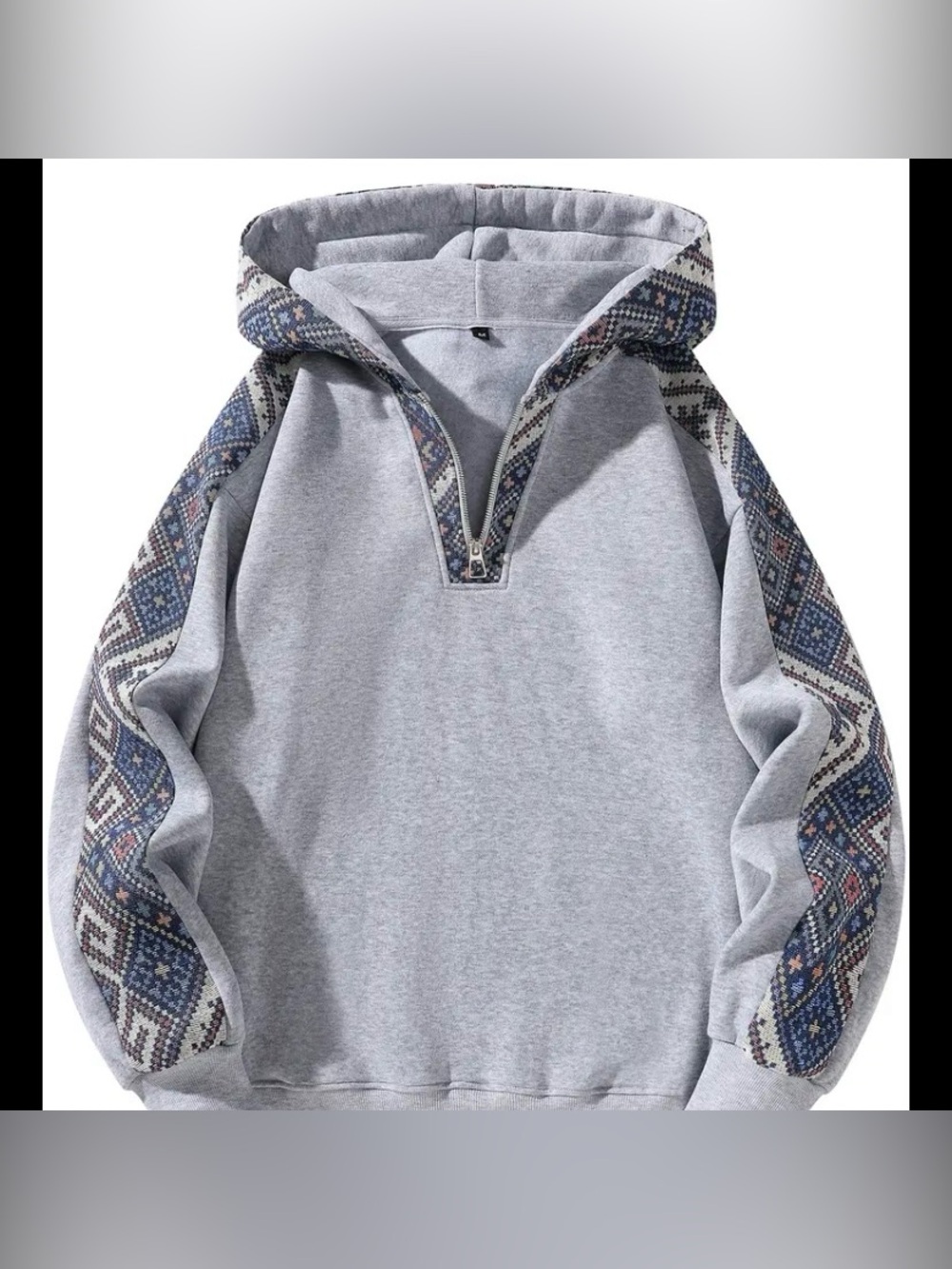 Light Gray Hoodie with Geometric Aztec Trim